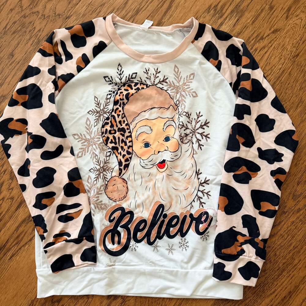 Chaos Monkey Women's Santa Christmas Long Sleeve - leopard print - Small - EUC